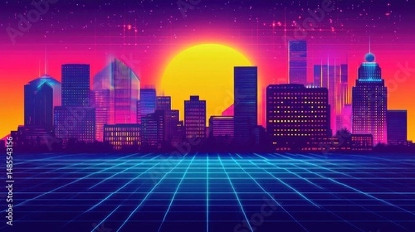 Obraz Synthwave skyline with vibrant hues and a retro-futuristic grid surface