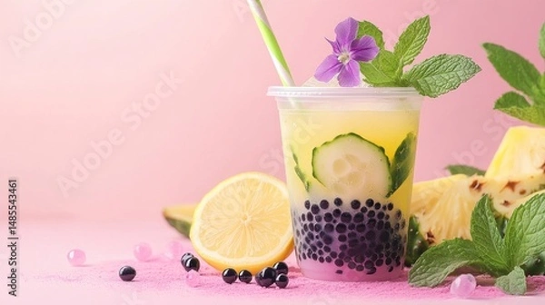 Obraz Refreshing tropical boba tea beverage with lemon, pineapple and cucumber slices