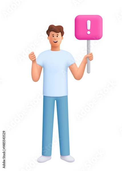 Obraz Young smiling man James holding placard or banner. Demonstration, protest, political announcement, struggle for rights concept. 3d vector people character. Cartoon minimal style.
