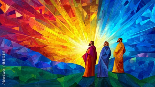 Fototapeta Illustrate the Transfiguration of Jesus on the mountain with Moses and Elijah in stained glass