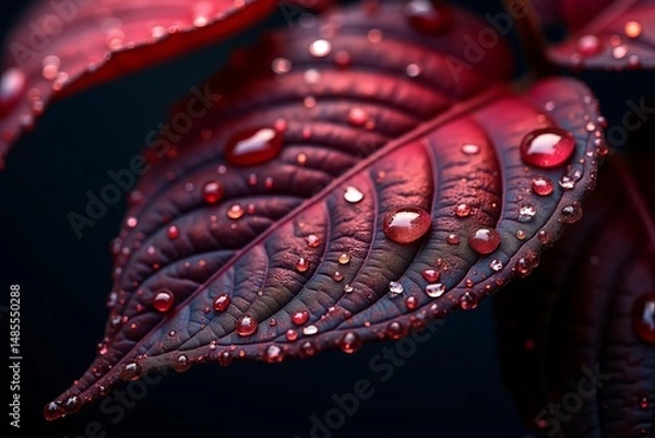 Fototapeta Macro shot of a vibrant red autumn leaf with detailed texture, covered in glistening raindrops against a dark backdrop.