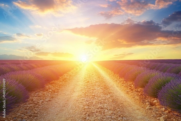 Fototapeta Lavender field pathway at sunset