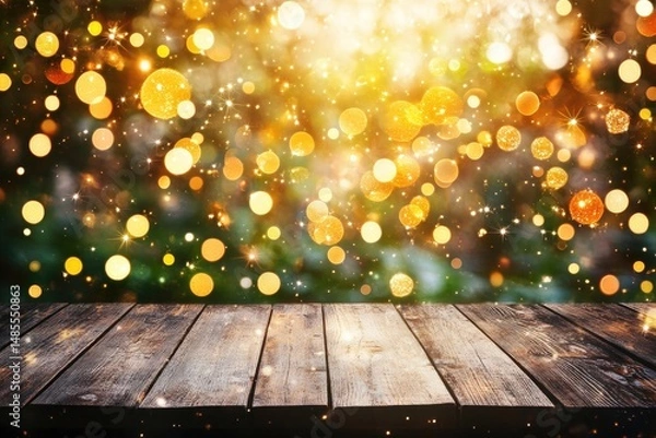 Fototapeta Festive Wooden Tabletop with Sparkling Lights