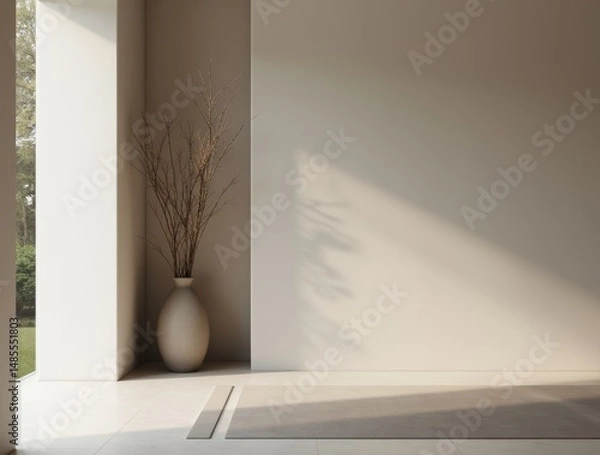 Fototapeta Minimalist entryway with built-in wall niche and designer vase. Copy space on the right part of the image. Matte textures.
