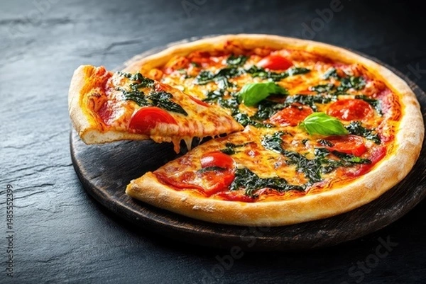 Fototapeta Delicious pizza with spinach and cherry tomatoes