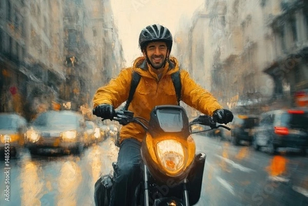 Obraz Smiling man wearing a yellow jacket and helmet riding a motorbike on a wet city street with blurred buildings and traffic in the background