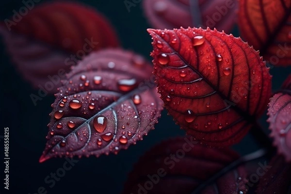 Fototapeta Red autumn leaves glistening with fresh rain drops, a close up macro study of fall foliage on a dark background.