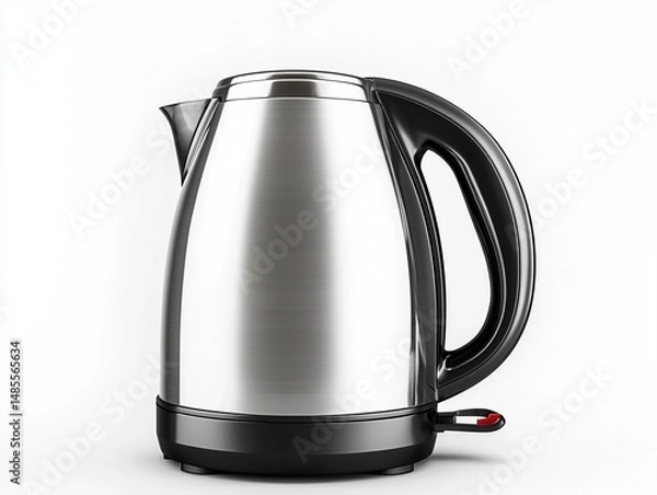 Fototapeta Stylish stainless steel kettle with black handle isolated on white background, detailed high-resolution product photography.