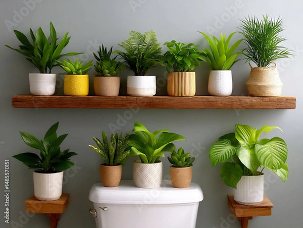 Fototapeta small bathrooms maximized with plants using narrow shelves, corner plant stands