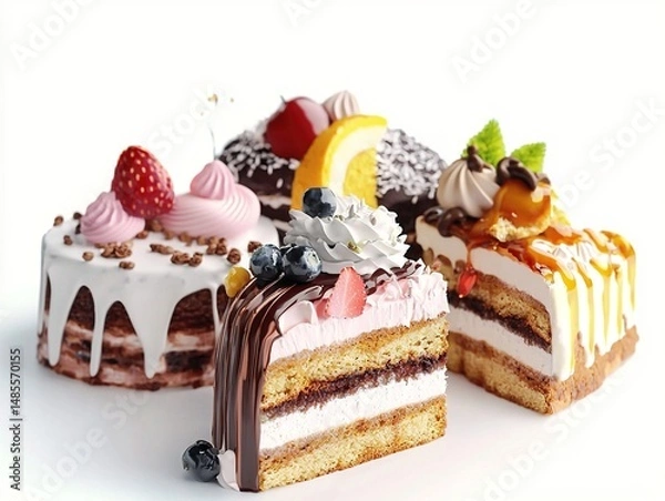 Fototapeta A variety of delicious cakes and pastries arranged on a white background, showcasing their unique textures and colors. 