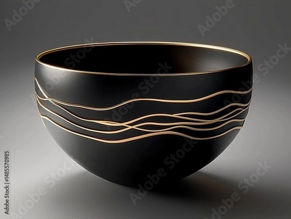 Fototapeta Elegant black bowl with golden wave pattern on white background.
