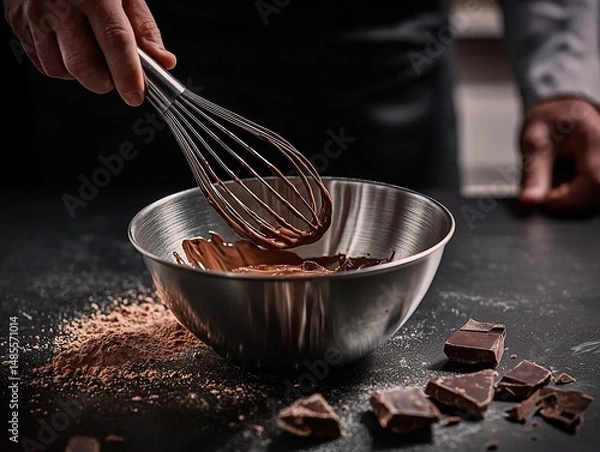 Fototapeta Chef pouring chocolate liquid into a stainless steel bowl with a metal whisk, surrounded by dark and milk chocolate pieces on the table, captured in a close-up shot with professional color grading. 