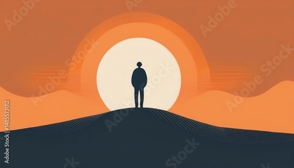 Fototapeta simple abstract vector illustration of a silhouette of person on hilltop at sunset
