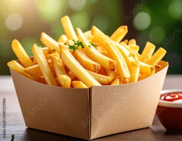 Fototapeta French Fries in Kraft Paper Box with Spicy Sauce on the Side Generative AI