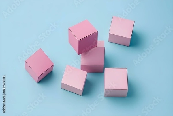 Fototapeta Pink Cardboard Boxes Arranged on a Soft Blue Background with Elegant Contrast