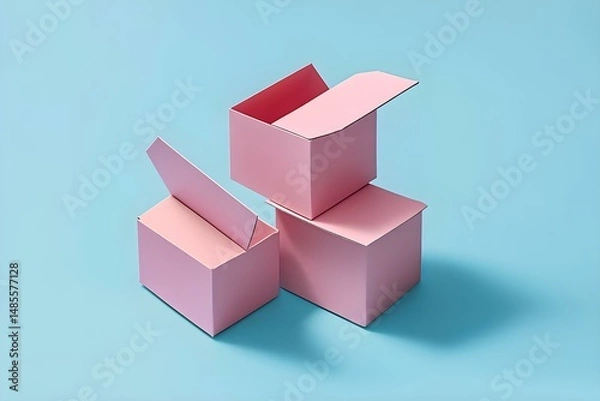 Fototapeta Pink Cardboard Boxes Arranged on a Soft Blue Background with Elegant Contrast