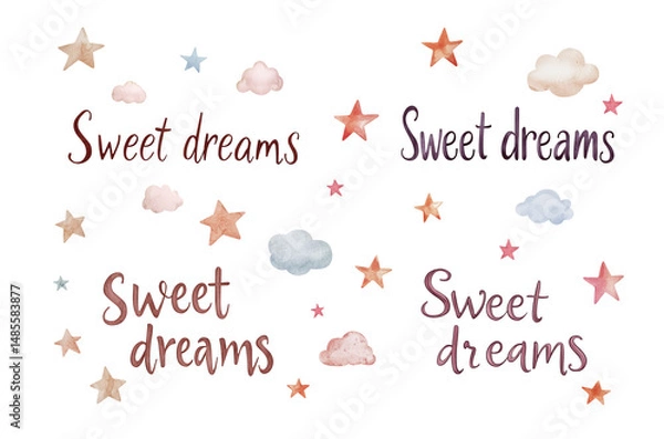 Obraz Sweet dreams, watercolor lettering set. Collection of hand drawn text with stars and clouds. Isolated clipart with clear even edge on transparent background