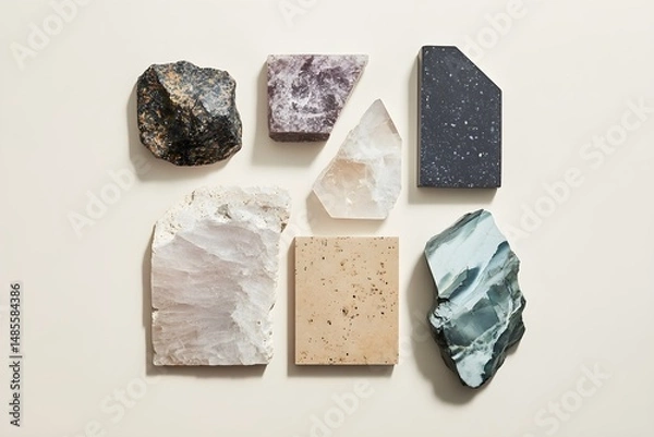 Fototapeta Flat Lay Images of Various Sized Stones in a Textured Composition