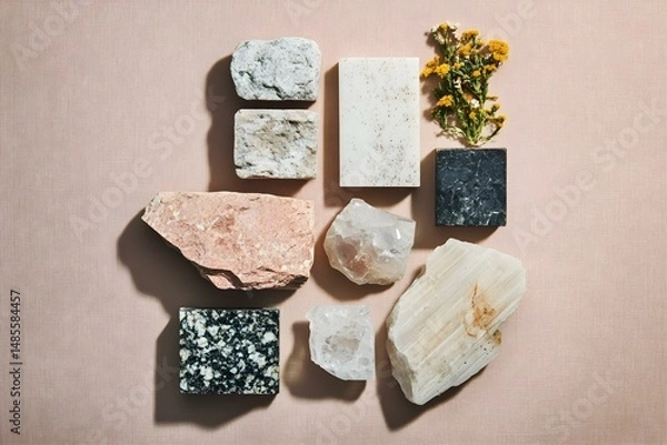 Fototapeta Flat Lay Images of Various Sized Stones in a Textured Composition