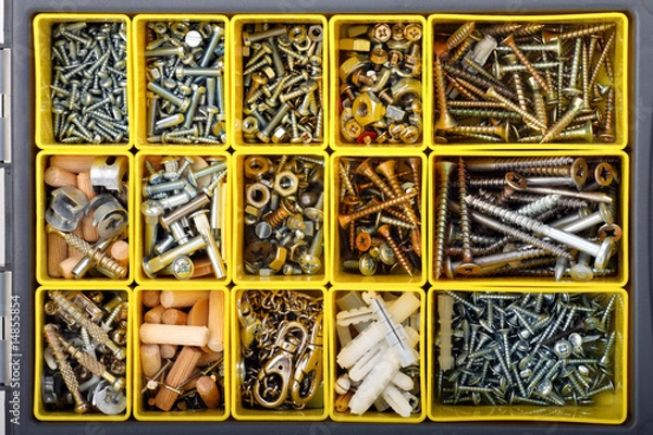 Fototapeta Screws, bolts, wall plugs, nuts and other carpenter stuff