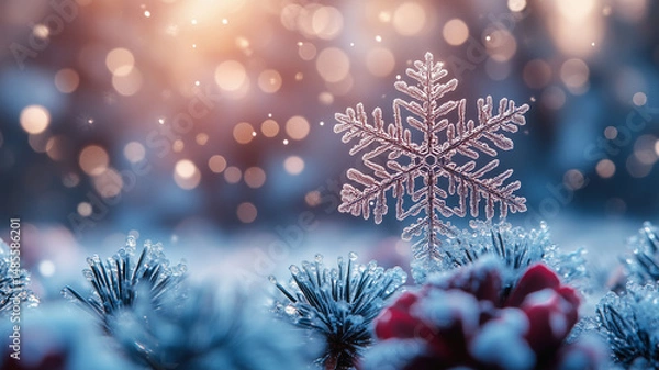 Fototapeta Closeup of snowflake on pine needle surrounded by soft bokeh lights, creating magical winter atmosphere
