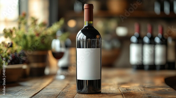 Fototapeta Mockup of wine bottle with minimalist label, set in rustic environment, evokes sense of elegance and simplicity