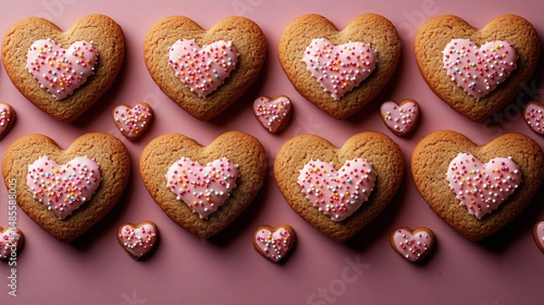 Fototapeta Heart shaped cookies with pink icing and colorful sprinkles create festive and cheerful atmosphere, perfect for celebrations