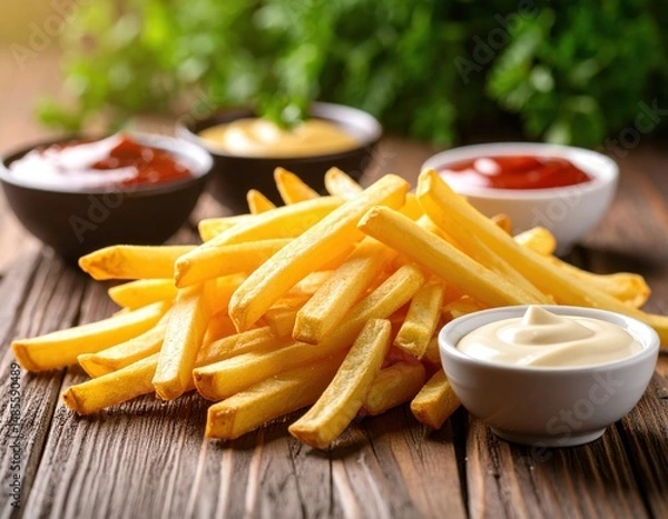 Fototapeta Tasty French Fries with Dipping Sauces on Rustic Wooden Table Generative AI