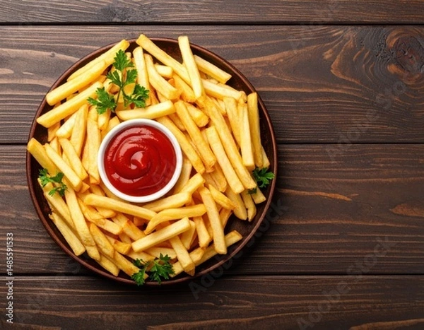 Fototapeta Top View of French Fries with Tomato Sauce and Mayonnaise Generative AI