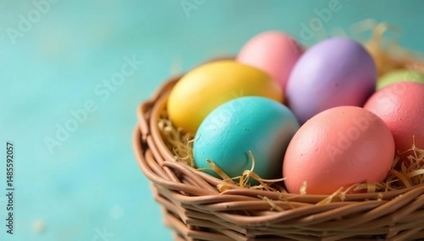 Obraz Close-up of vibrant pastel Easter eggs in a basket, showcasing a variety of colors , holiday decorations, painted eggs, rabbit