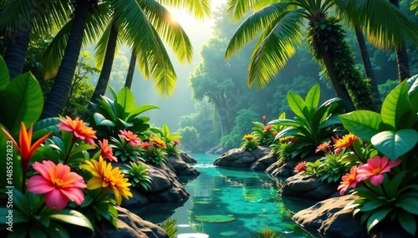 Obraz Lush tropical garden with vibrant plants and flowers , rainforest, shadows