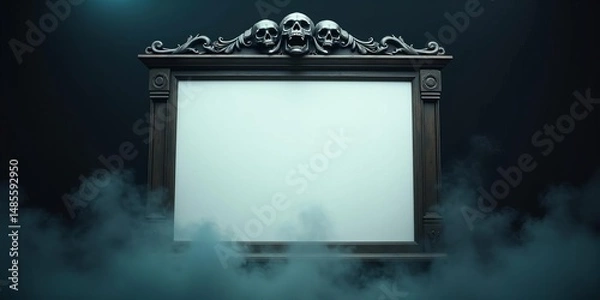 Fototapeta Gothic horror skulls frame mockup with an ornate dark design, blank center, and eerie blue smoke on a black background.