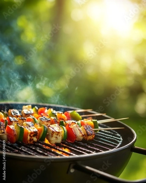 Fototapeta Lively vegetarian barbecue featuring colorful skewers with halloumi or tofu