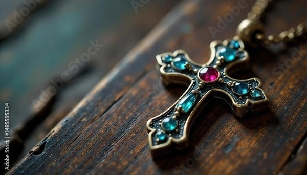 Obraz Close-up of a ornate, jeweled cross pendant resting on an antique wooden surface , religious symbol, faith, pendant