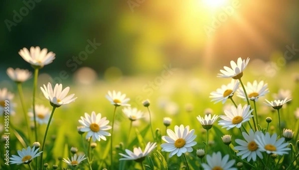 Obraz Vibrant field of blooming May daisies bathed in sunlight , ecology, summer