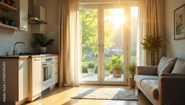 Obraz Bright sunlight streams into a home, illuminating freshly cleaned windows and sparkling surfaces, signifying the arrival of spring , home cleaning, cleanliness