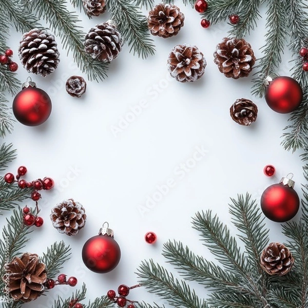 Fototapeta Festive arrangement of pine cones with frosted tips, green fir branches, red berries, and shiny red Christmas baubles framing a white background, evoking holiday cheer