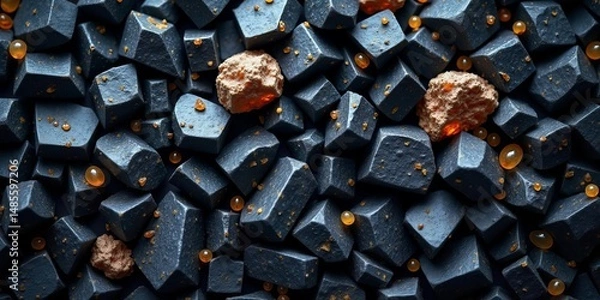Fototapeta Abstract raw dark mineral texture background showing a pile of rough, irregular black stones with amber and gold inclusions.