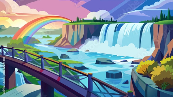 Fototapeta Niagara Falls
Powerful waterfalls framed by mist and a rainbow, with a viewing platform and a bridge in the distance.