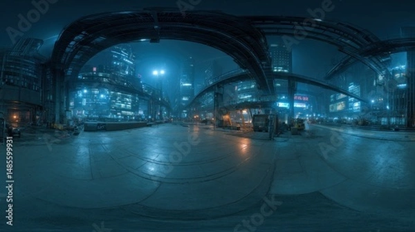 Obraz Cyberpunk Cityscape at Night: A 360? View of Futuristic Urban Landscape