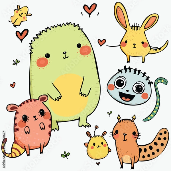 Fototapeta Set of funny and friendly creatures. Vector doodles.