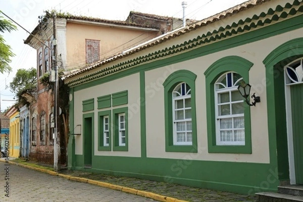 Obraz Cananeia city, south Sao Paulo state, old colonial protuguese style buildings from foundation historical center. Preserved and vibrant colors painted.