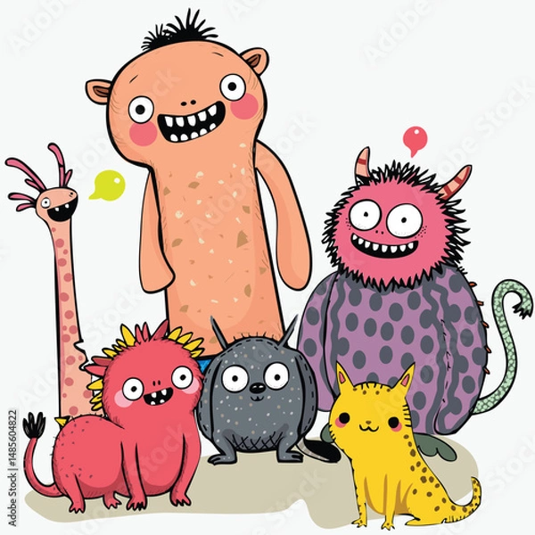 Fototapeta Set of funny and friendly creatures. Vector doodles.