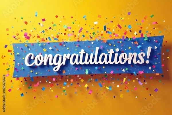 Obraz Colorful confetti bursts from a banner reading "Congratulations!" against a bright background , festive, illustration, milestone