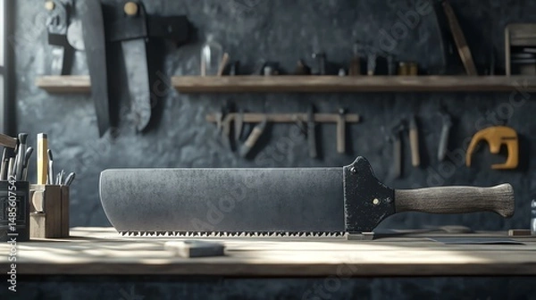 Obraz A mockup of a branded wood jewelry saw, placed on a workbench