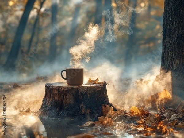 Fototapeta Serene campsite with steaming coffee mug resting on tree stump in tranquil forest during autumn morning
