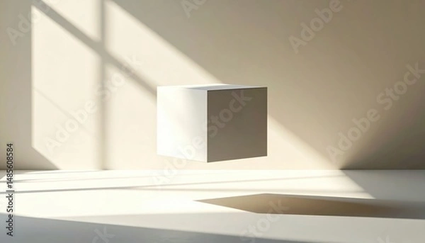 Fototapeta Geometric Ascent: A pristine white cube levitates against a soft, neutral backdrop, accentuated by the interplay of light and shadow, creating a sense of modern minimalism.