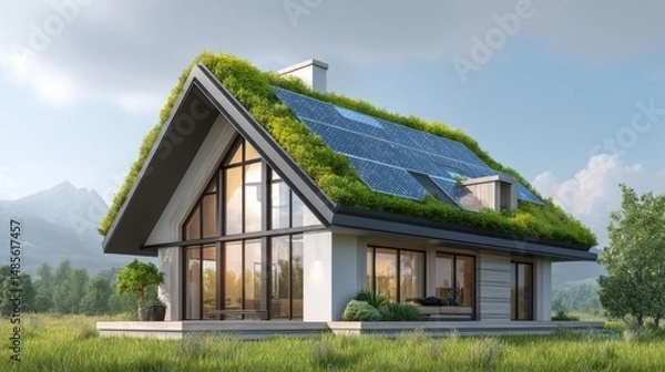 Obraz Modern eco-friendly house with large glass and green roof covered with solar panels and lush vegetation, set in a countryside landscape with mountains