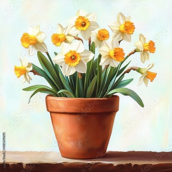 Fototapeta Bright yellow and white daffodils in full bloom arranged in a classic terracotta pot on a wooden surface with a soft pastel background