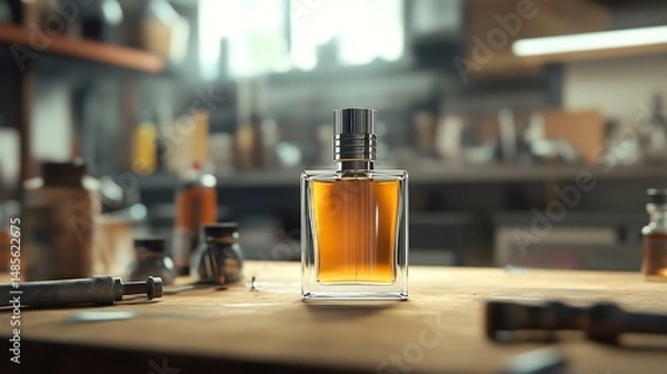 Fototapeta A realistic mockup of a branded perfume bottle filler, placed on a workbench
